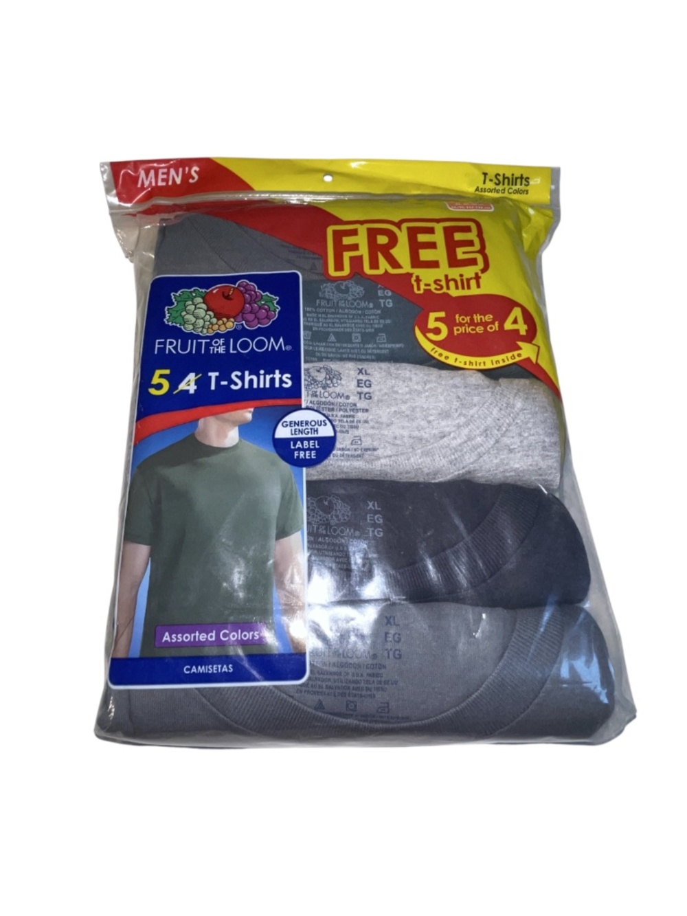 Fruit of the Loom T shirts Men XL Colors Cotton 5 pack Crew Neck Generous Length